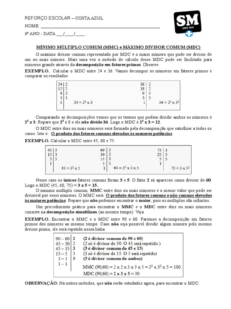 Desafios Matemáticos Exercícios de MMC e MDC para o 6º ano disponíveis