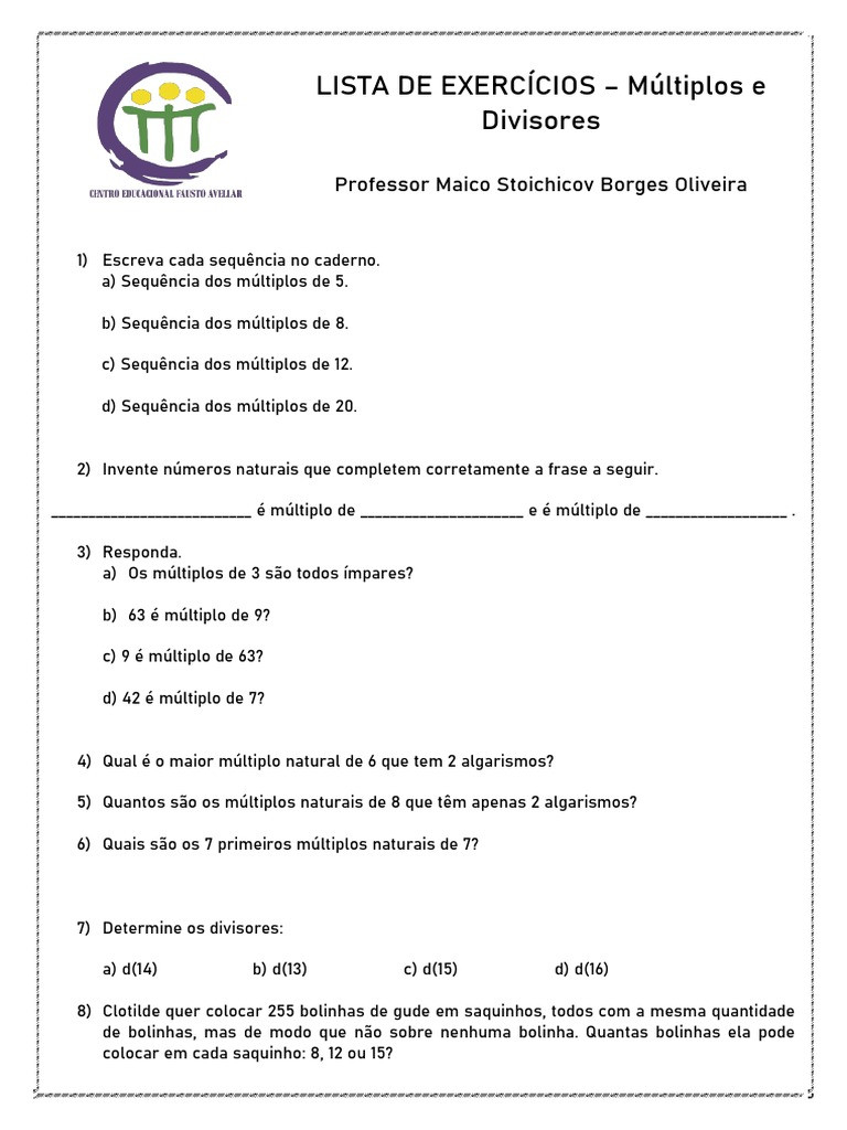 Exercícios de múltiplos e divisores para 5º e 6º ano em PDF