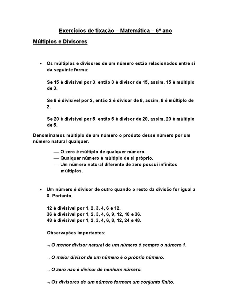 Exerc Cios De M Ltiplos E Divisores Para O E Ano Pdf