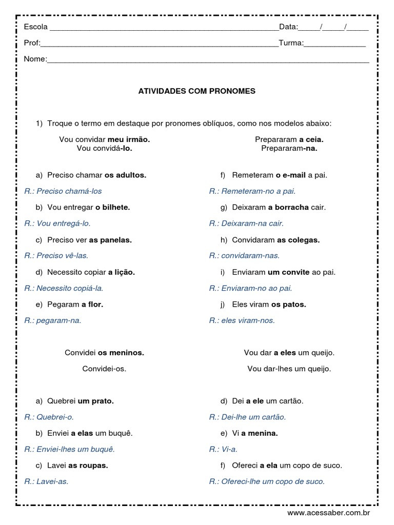 Exercícios de pronomes pessoais para diferentes anos prática e