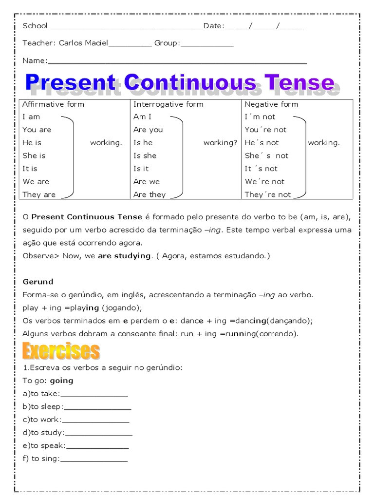 Exerc Cios Do Present Continuous Para O Ano Pdf Solu Es Body Sat