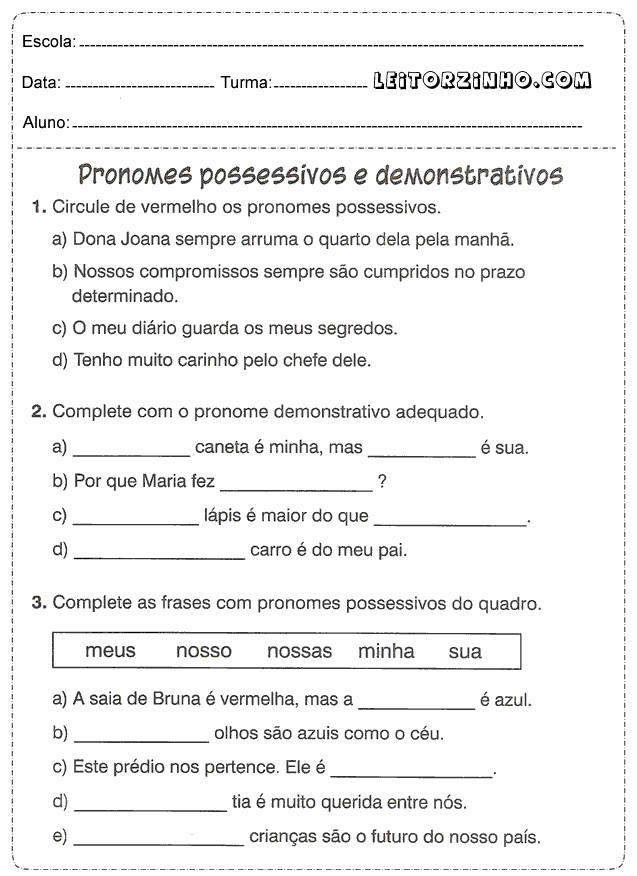 Pr Ticas De Pronomes Para Alunos Do E Ano Exerc Cios E Gabaritos