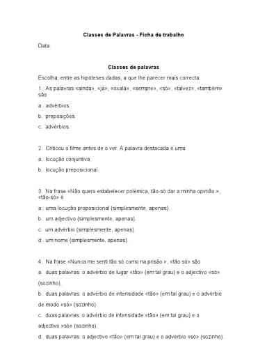 Exercícios De Classes De Palavras Com Soluções Para Alunos Do 7º E 9º Ano Body Sat 5851