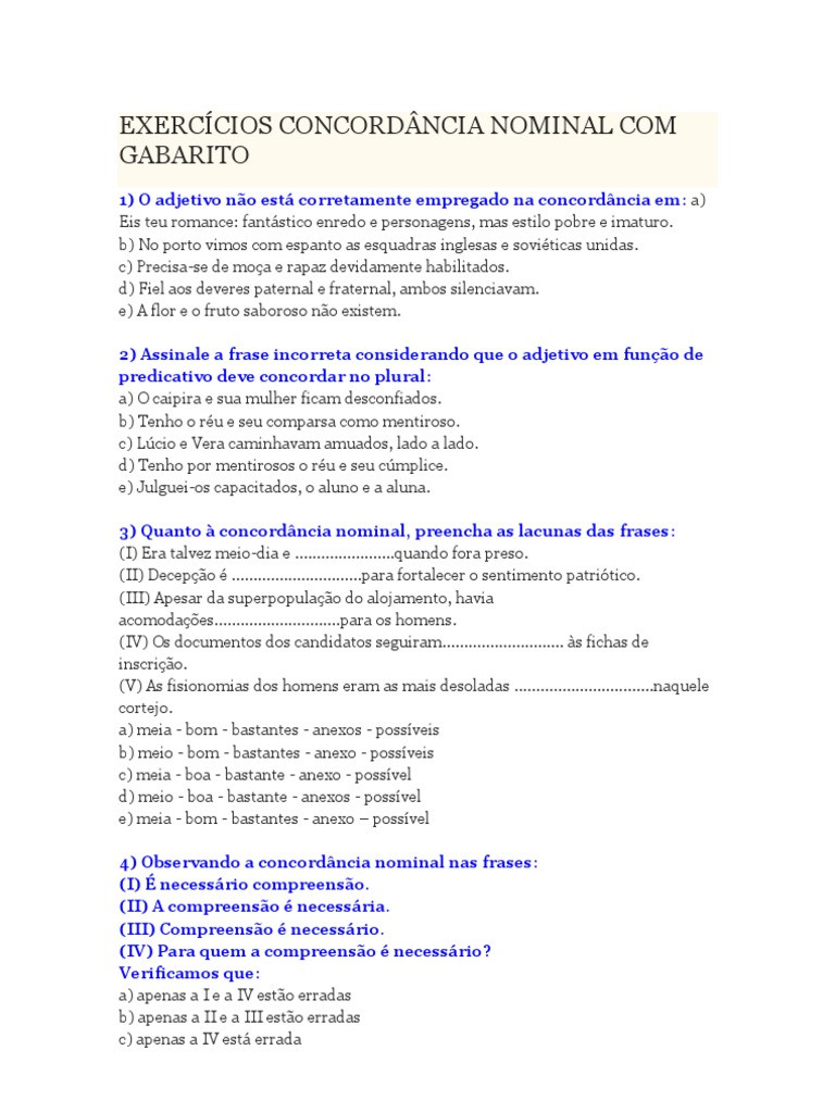 Exercícios De Concordância Verbal E Nominal Com Respostas - Body SAT