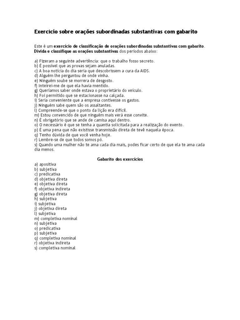 Exercícios De Orações Subordinadas Substantivas Com Gabarito Para O 9º ...