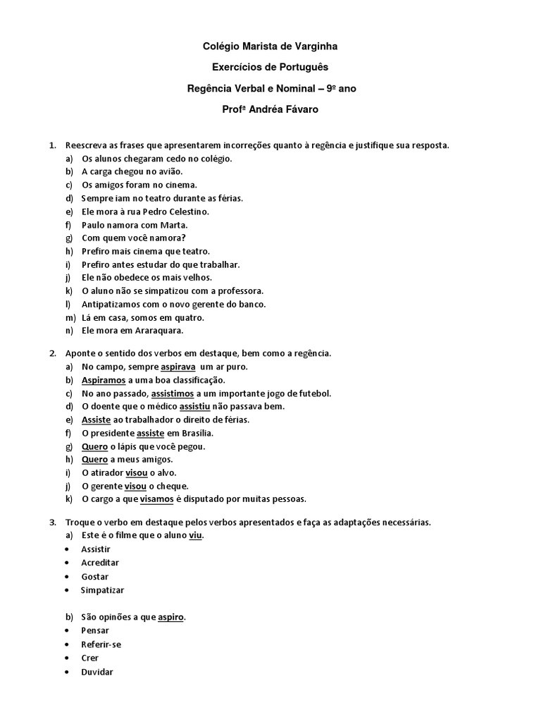 Exercícios De Regência Verbal Para Alunos Do 8º Ano: Gabarito Em PDF ...