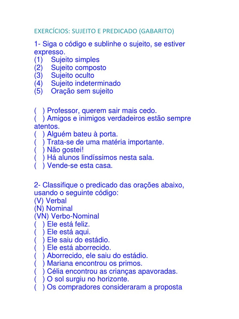 Exercícios De Sujeito E Predicado Para O 7º Ano: Prática E Gabarito Em ...