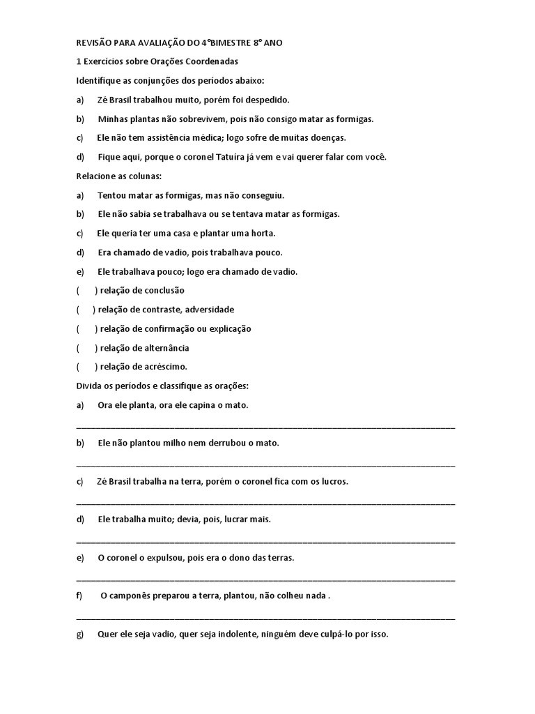 Exercícios Práticos De Orações Coordenadas E Subordinadas Em Pdf Body Sat 3417