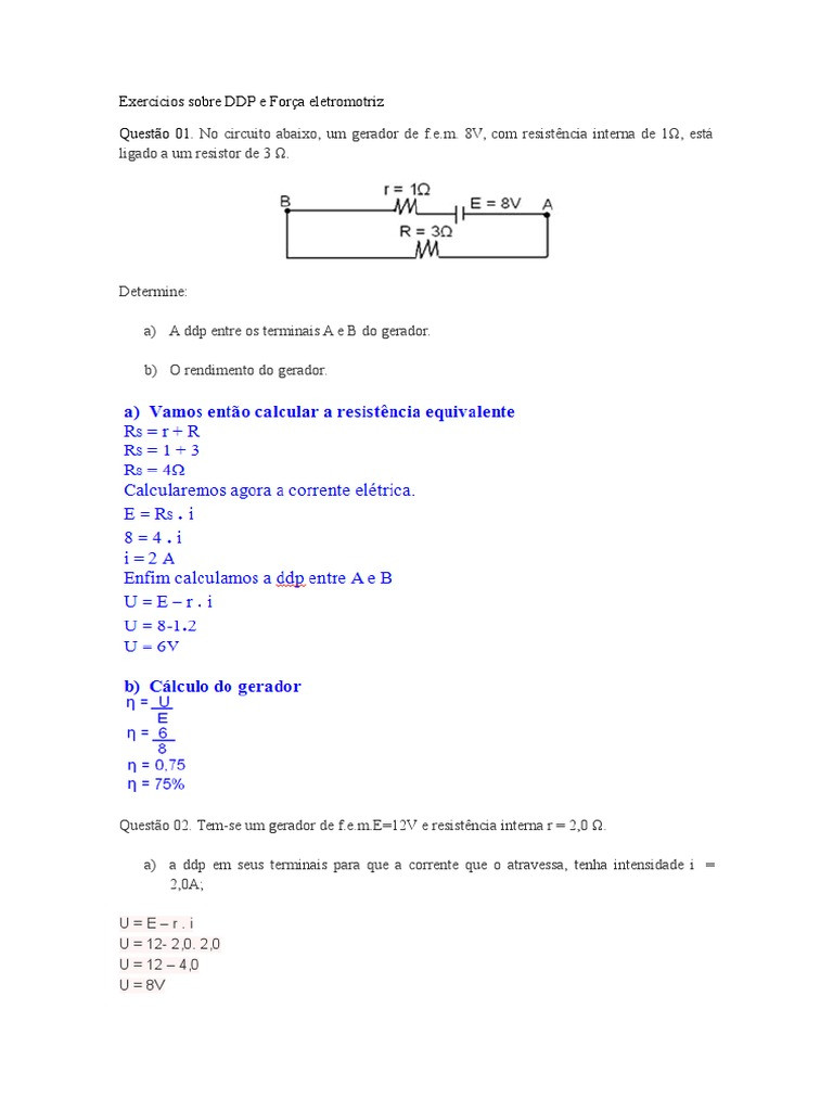 Exercícios Resolvidos Em PDF De Força Eletromotriz E Geradores ...