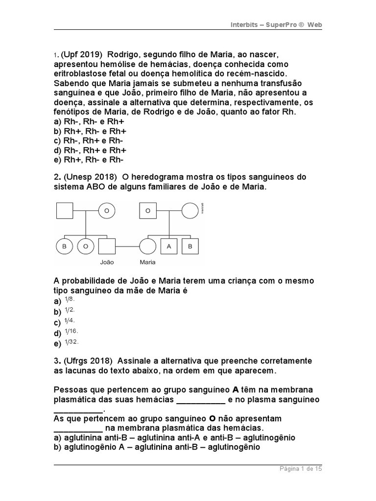 Exercícios Resolvidos Em PDF Do Sistema ABO E Fator Rh: Estudo Prático ...