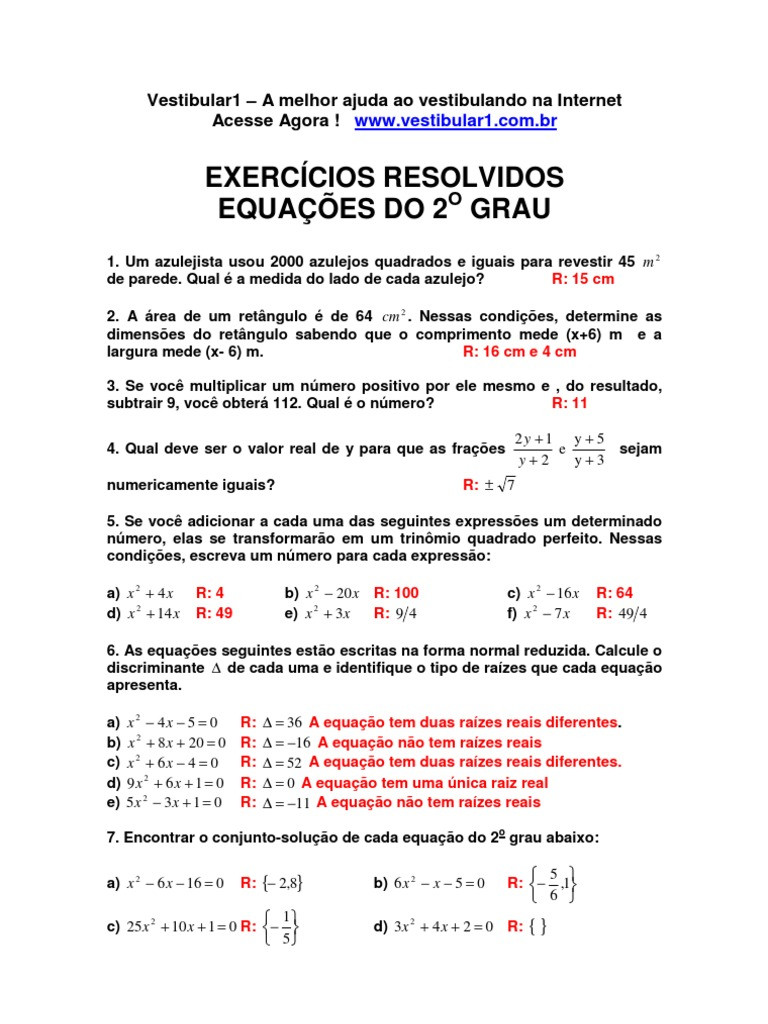 Exercícios Resolvidos Em PDF: Equações Do 2º Grau E Sistemas Do 1º Grau ...