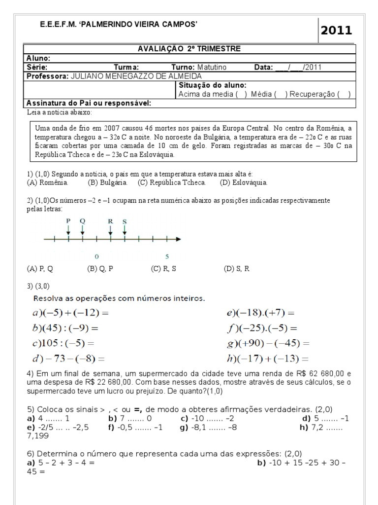 Prática De Operações Com Números Inteiros Para O 7º Ano Em PDF - Body SAT