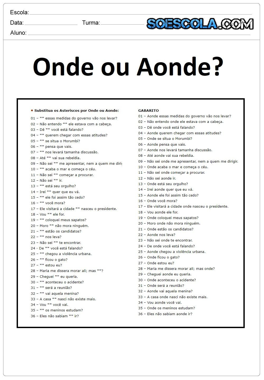 Utilizando Corretamente Onde E Aonde Na Língua Portuguesa Exercícios Para 4º Ano E Dicas Para 0668